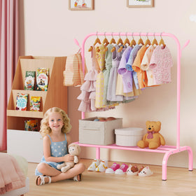 FLOUREE Upgraded Kids Clothes Rack assembly guide showing quick setup.