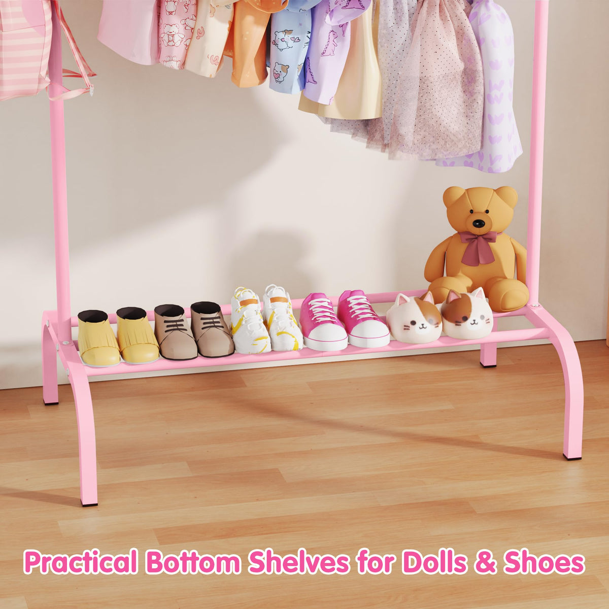 FLOUREE Upgraded Kids Clothes Rack durable base ensures stability on smooth floors.