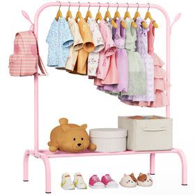 FLOUREE Upgraded Kids Clothes Rack front view with sturdy base for safe, organized outfits.