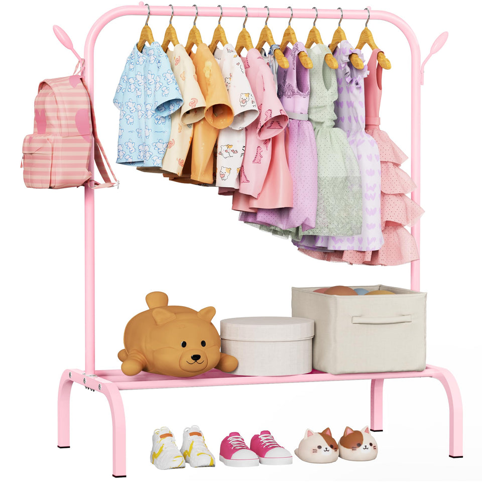 FLOUREE Upgraded Kids Clothes Rack front view with sturdy base for safe, organized outfits.