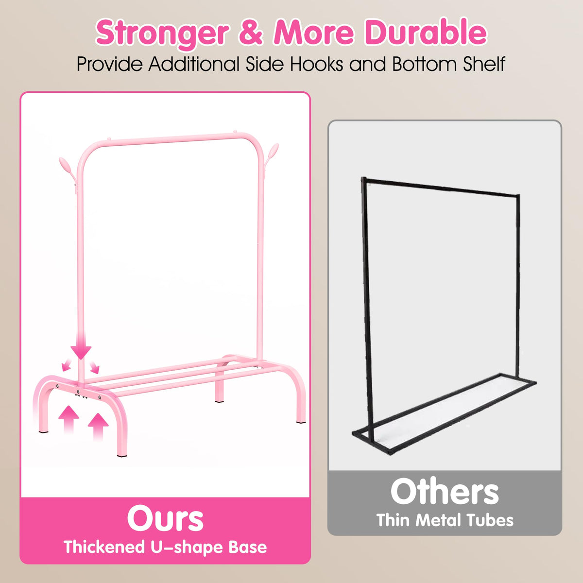 FLOUREE Upgraded Kids Clothes Rack organized closet solution reduces clutter in pink.