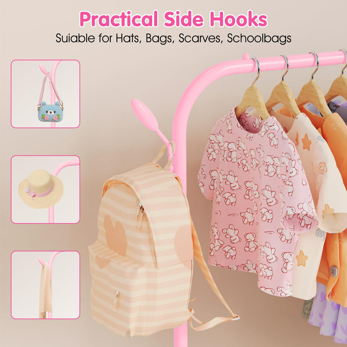FLOUREE Upgraded Kids Clothes Rack pink placed in playroom for easy access to outfits.