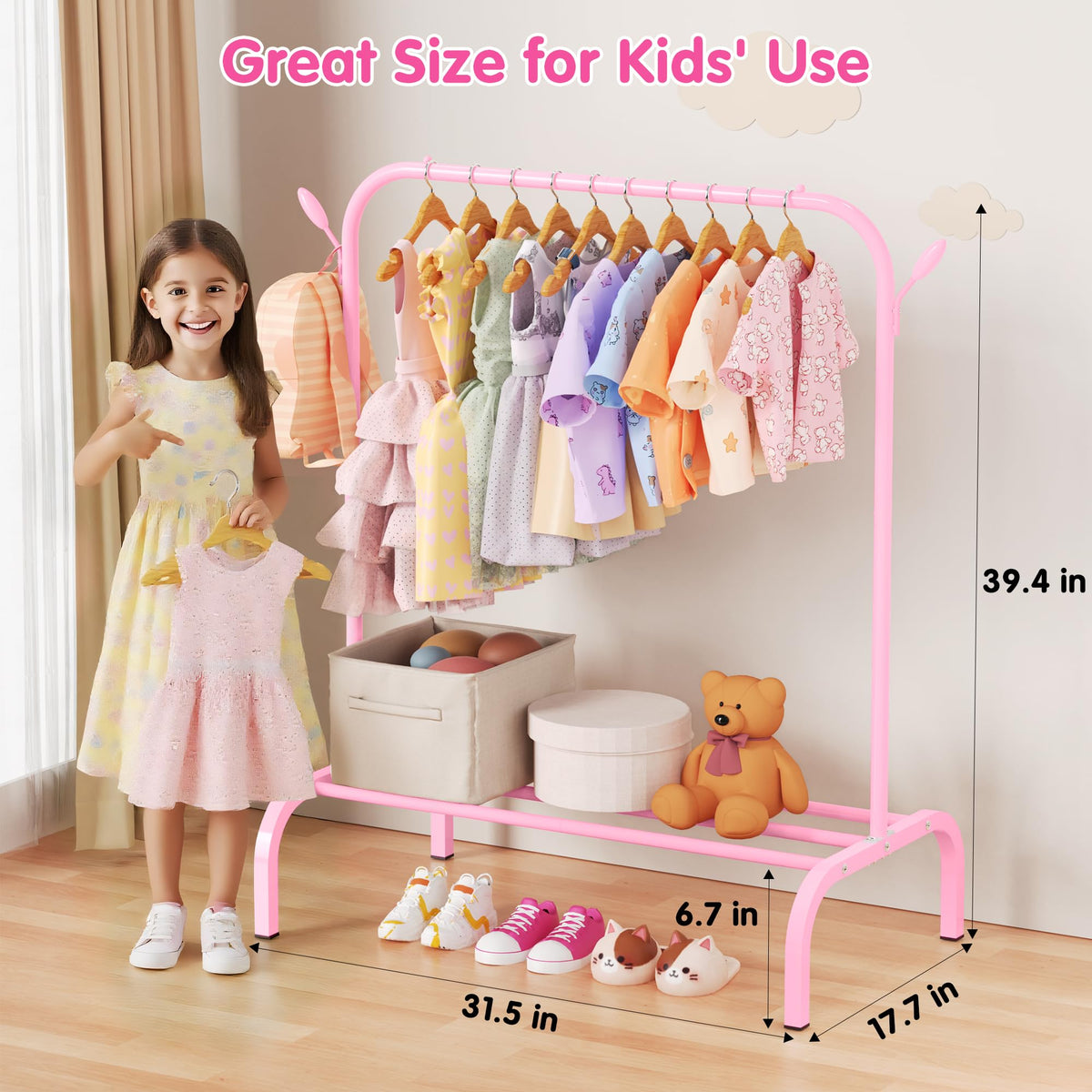 FLOUREE Upgraded Kids Clothes Rack pink shelf storage highlights bottom shelf for shoes and toys.