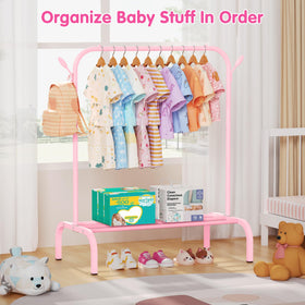 FLOUREE Upgraded Kids Clothes Rack pink side hooks for bags and hats storage.