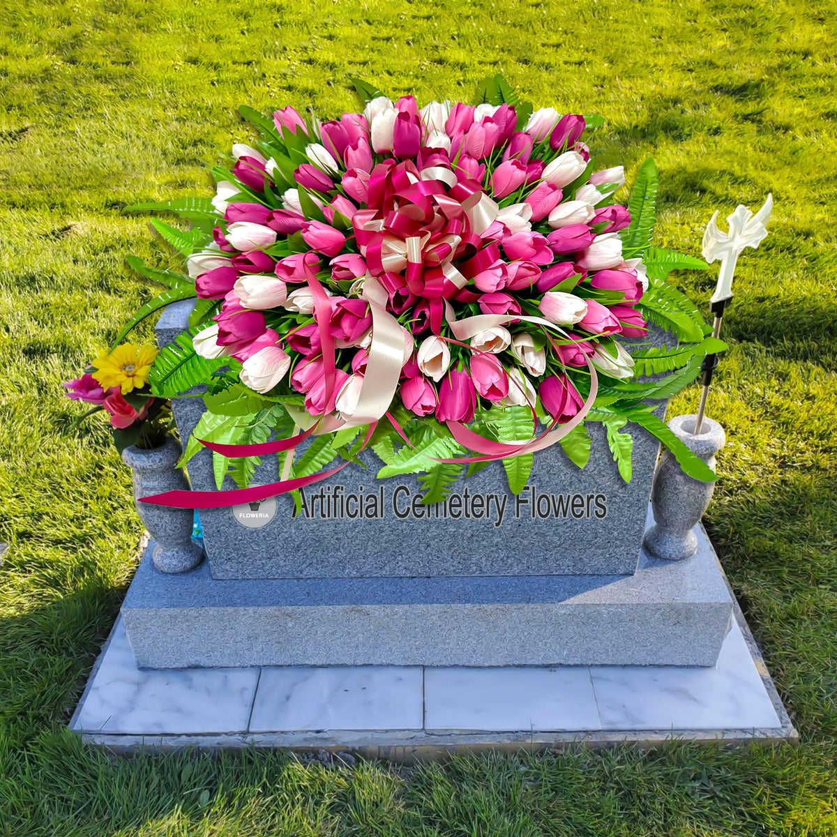 FLOWERIA Grave saddle with adjustable iron arms fits standard tombstones securely.