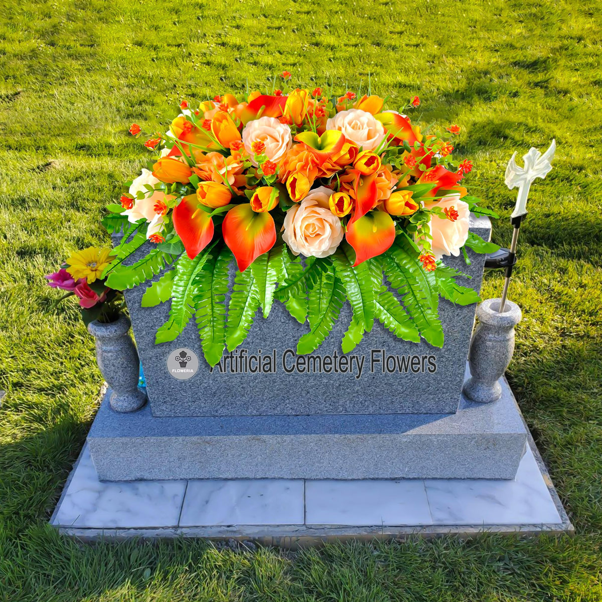 Floweria grave saddle installation shows rust-proof wire and rubber handle for easy mounting.