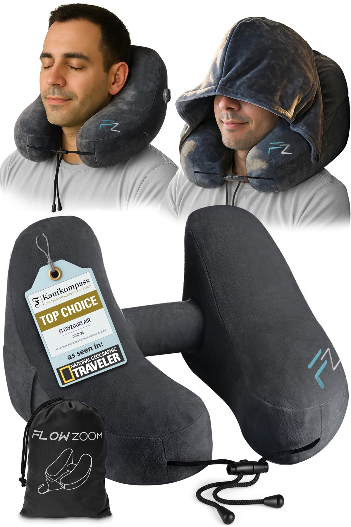 FLOWZOOM jet-black inflatable neck pillow ready for long flights