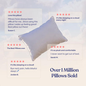 FluffCo Basics pillow on a bed setup, illustrating standard queen size fit.