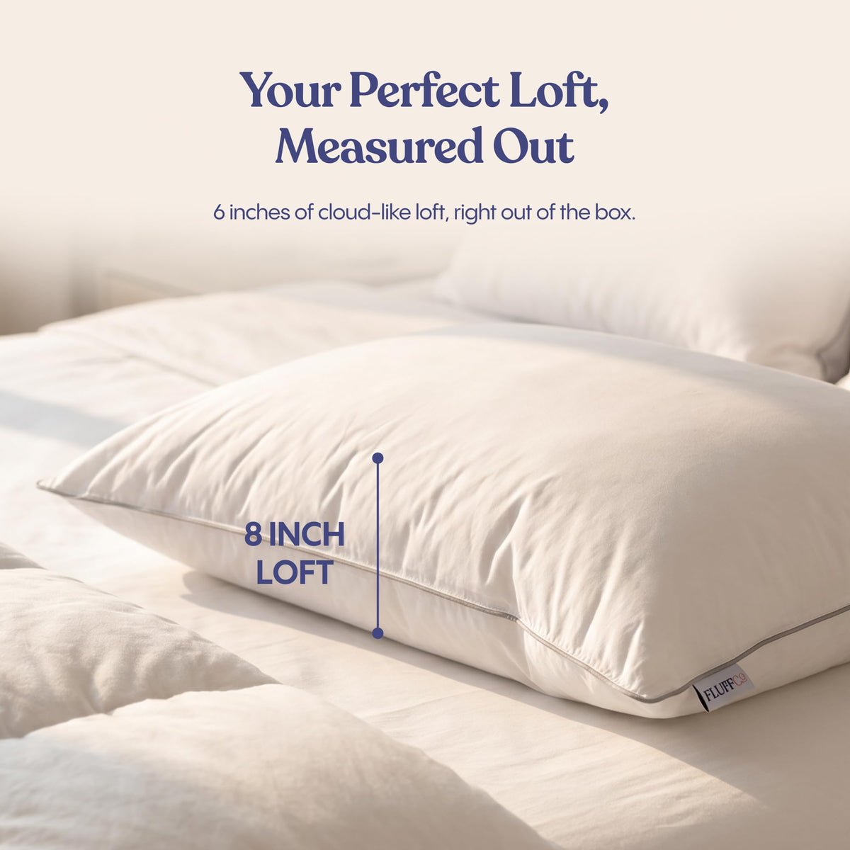 FluffCo Basics pillow with cover stitching details, demonstrating durable sewn-on shell.