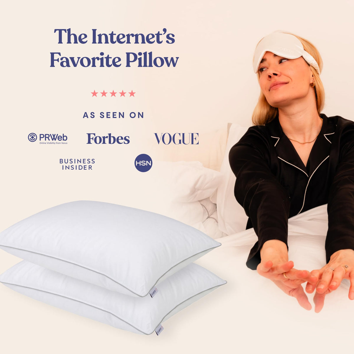FluffCo Basics pillow fill close-up highlighting gel-fiber support for neck comfort.