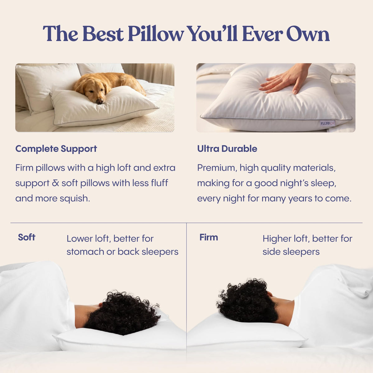 FluffCo Basics pillow side-sleep use, showing elevated neck support.