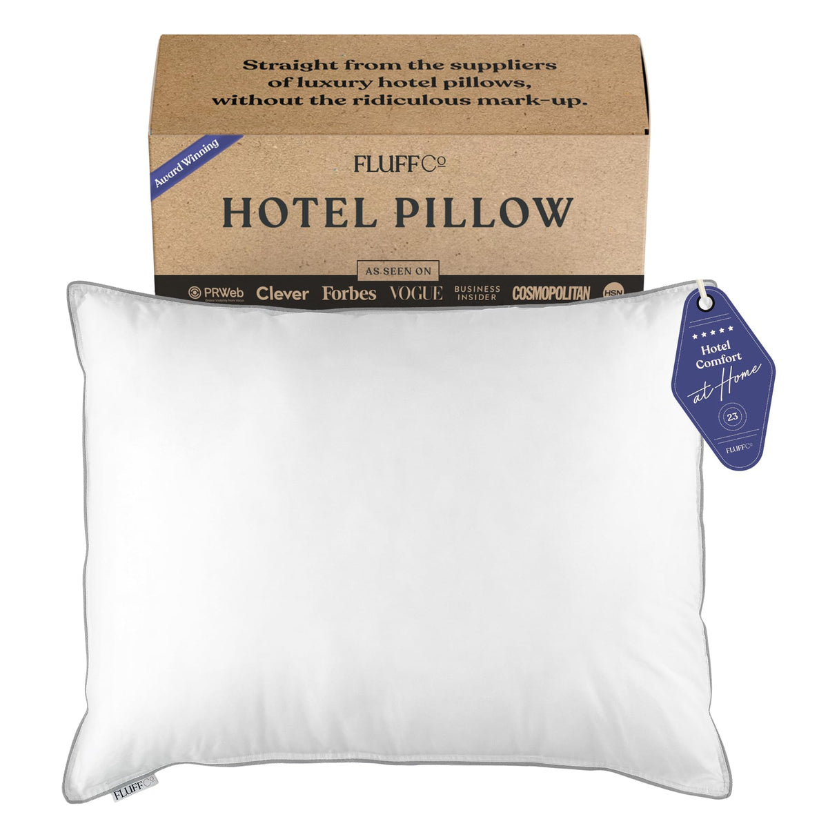 FluffCo Zen Fluff pillow close-up shows plush cover and resilient fill for comfort