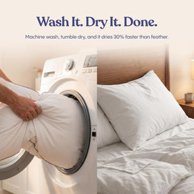 FluffCo Zen Fluff pillow care shows machine-washable design for easy refresh.