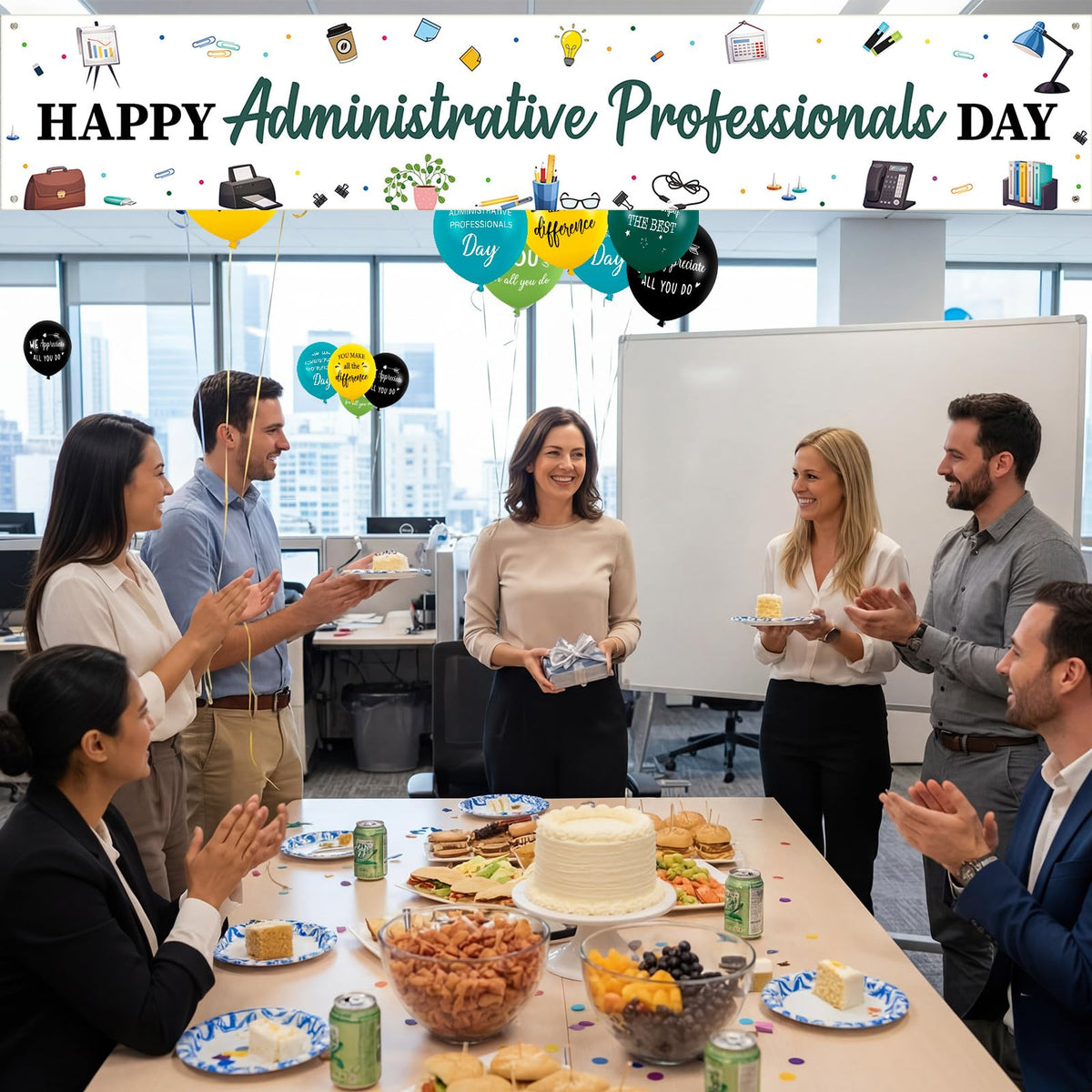 Flutesan office-theme decor showcases a multicolor palette for professional events.