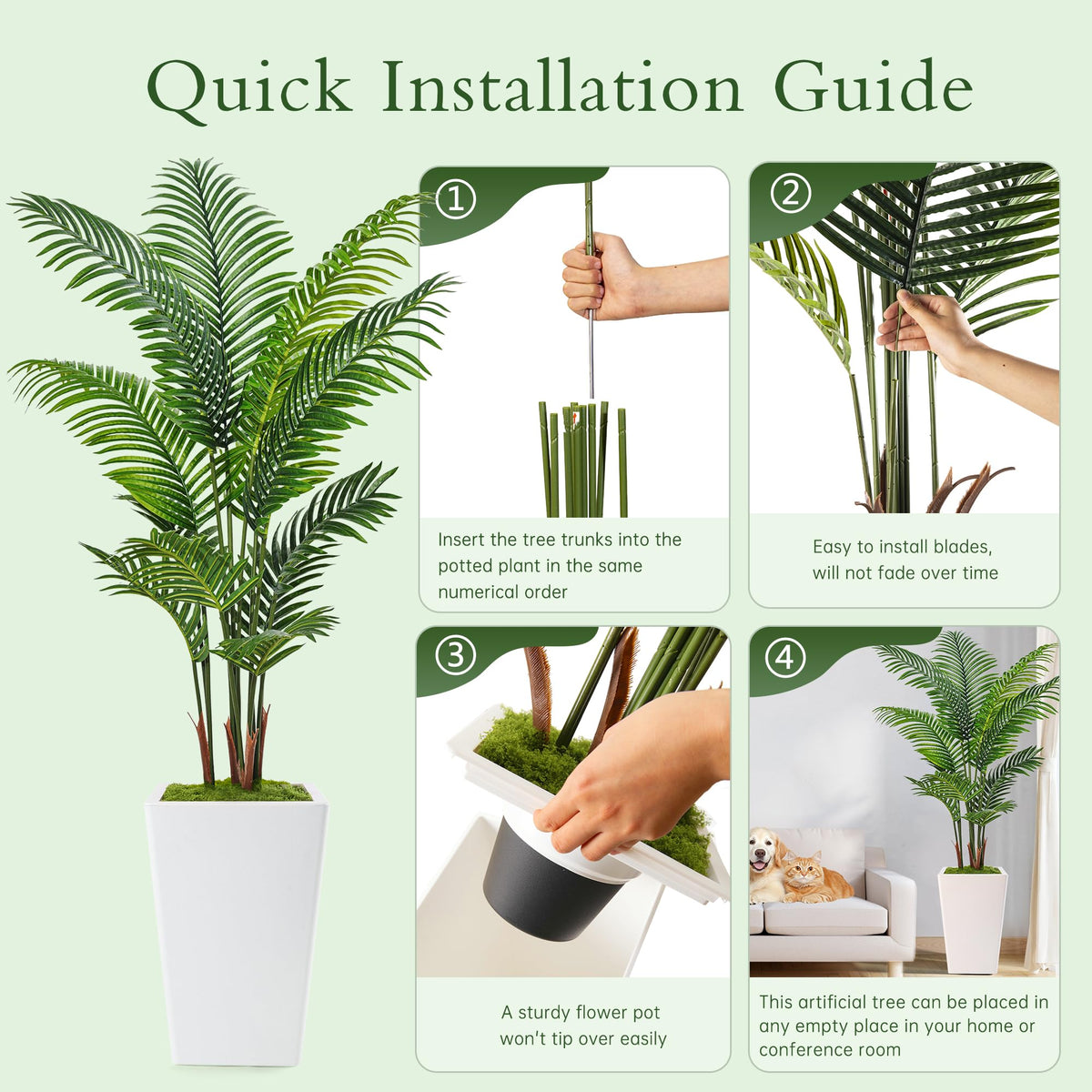 Adjustable Flydeer palm branches for flexible indoor arrangement.
