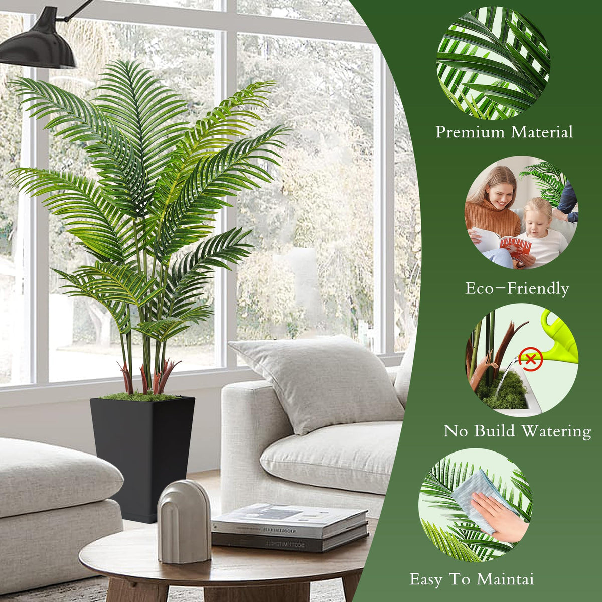Flydeer palm tree with black trunk and leaves creates a bold, modern focal point.