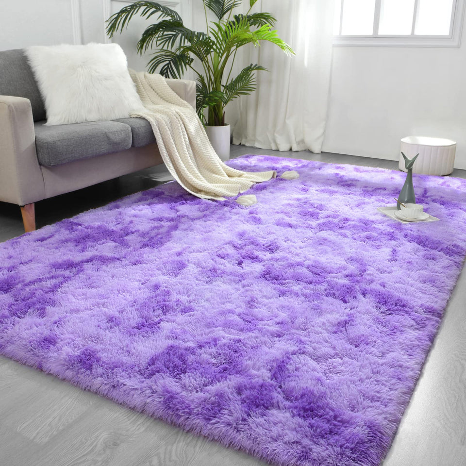 FlyDOIT purple tie-dyed rug front view adds cozy living room style.