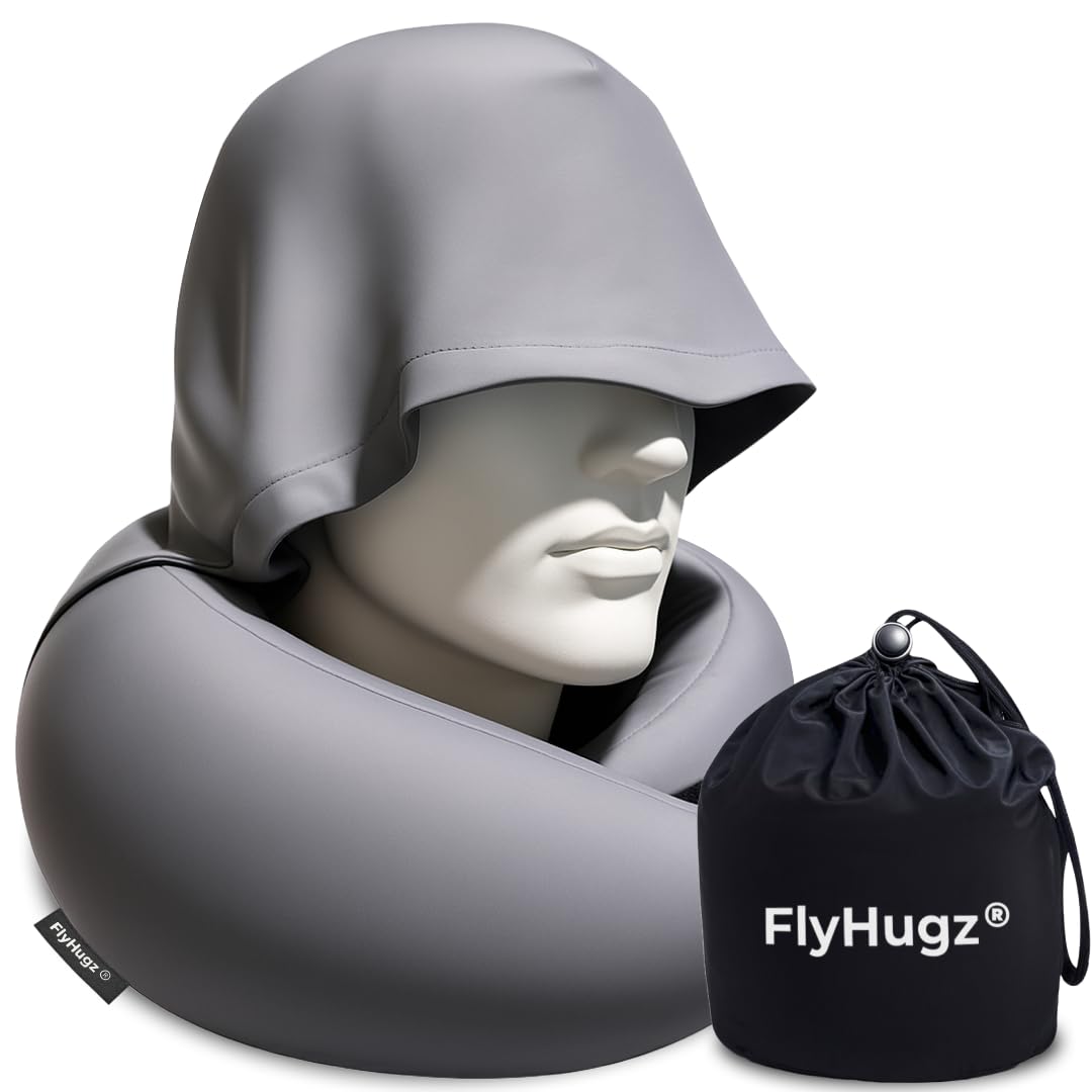 FlyHugz 2.0 hooded pillow with privacy hood for calmer flights