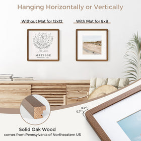FLYJOE 12x12 walnut frame with mat shows 8x8 visualization