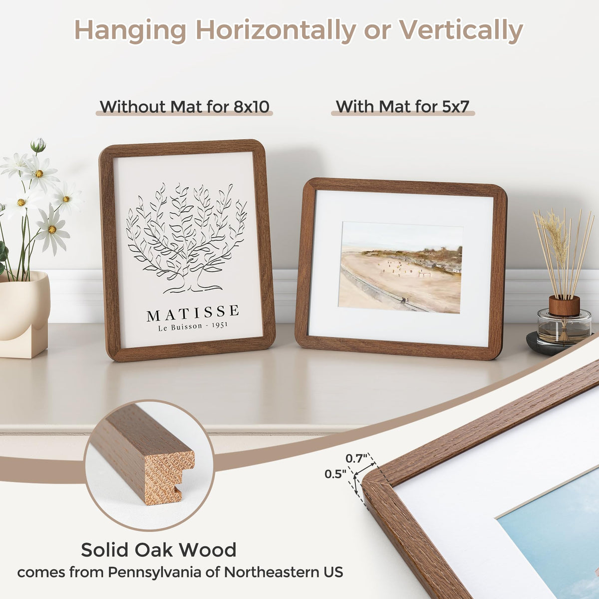 FLYJOE 8x10 oak frame with hanging hardware for easy wall mounting