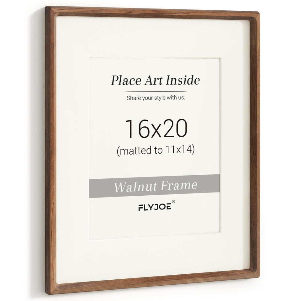 Flyjoe walnut frame front view shows warm grain and rounded corners for timeless memories