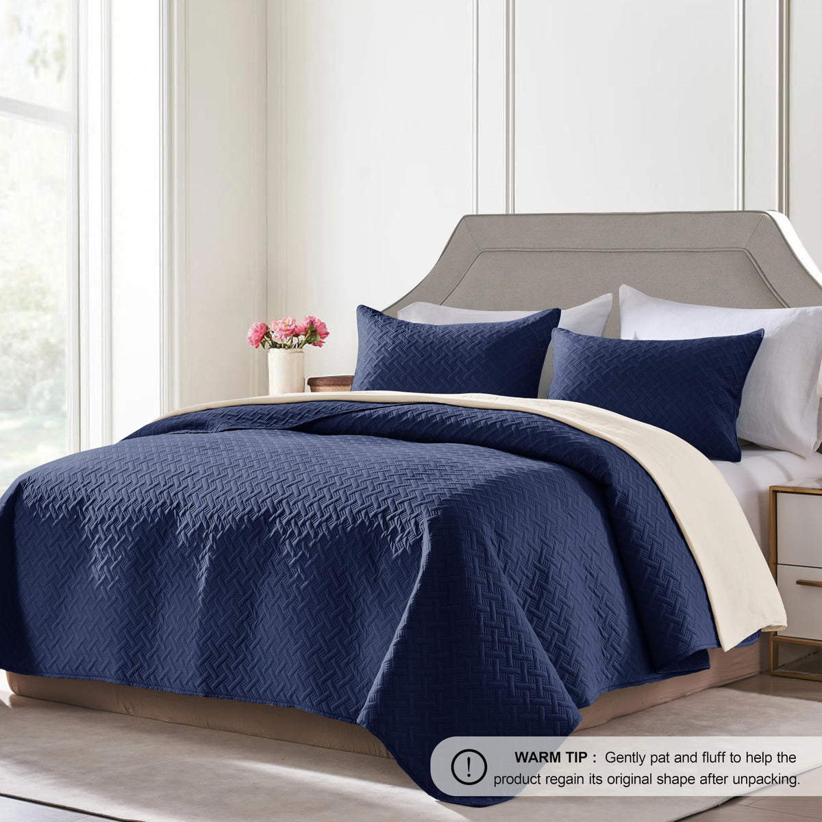 Close-up of basket weave pattern on FLYMME quilt highlighting durability