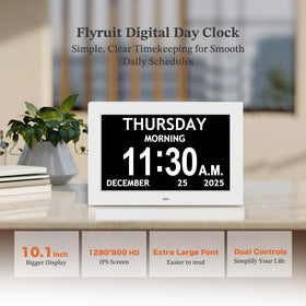 FLYRUIT dementia clock showing reminders icons for daily tasks