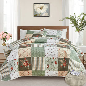 Flysheep patchwork quilt twin in green white plaid for cozy year-round use