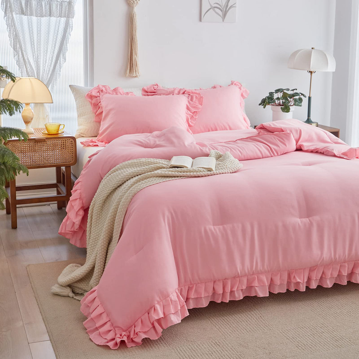 Flysheep pink bedroom scene with coordinated ruffled bedding.