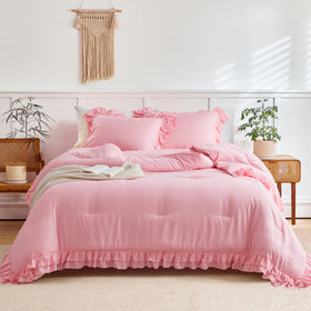 Flysheep pink ruffled twin comforter with breathable microfiber fabric.