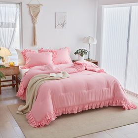 Flysheep pink ruffled twin pillowcase close-up shows softness and seams.