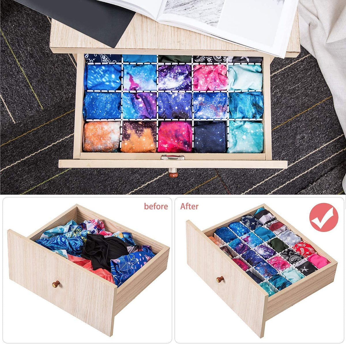 Flytianmy drawer dividers cut-to-fit adapt to any drawer width.