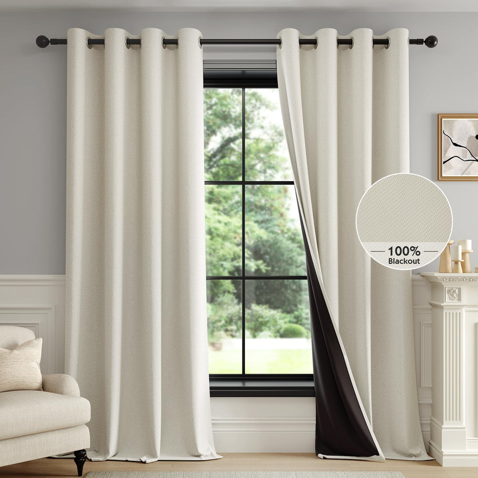 FMFUNCTEX beige blackout curtains closeup texture for improved light blocking in bedrooms