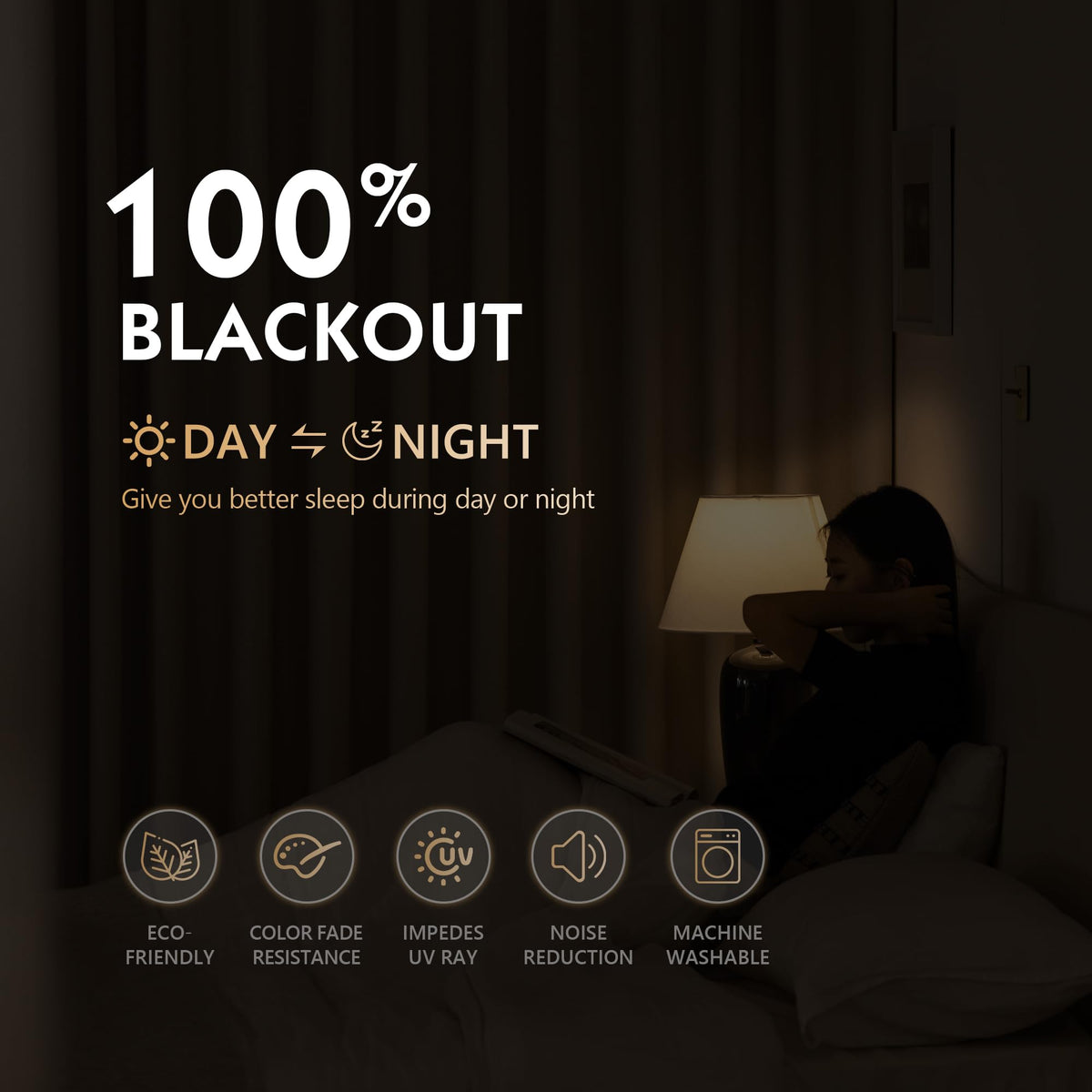FMFUNCTEX beige blackout curtains hanging in a cozy bedroom setup