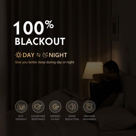 FMFUNCTEX beige blackout curtains hanging in a cozy bedroom setup