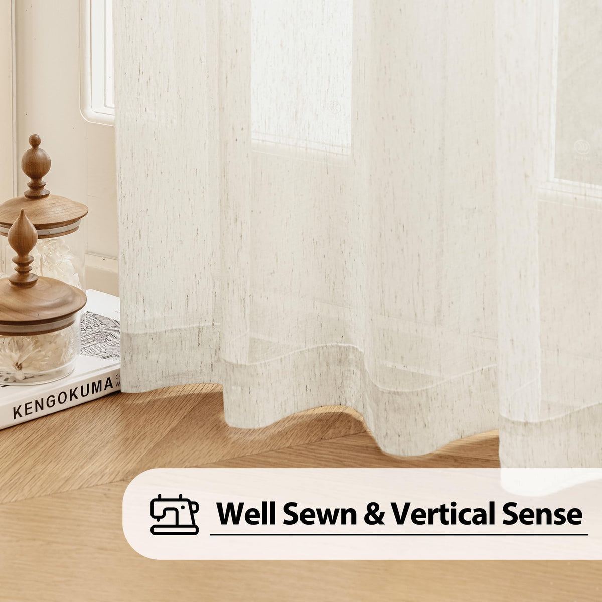 Soft-pleated linen drapes create a balanced look of lightness and substance