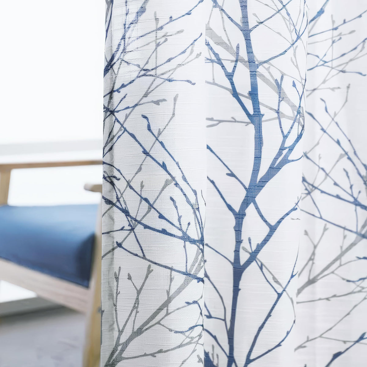FMFUNCTEX fabric swatches showing blue-grey color options for curtains.