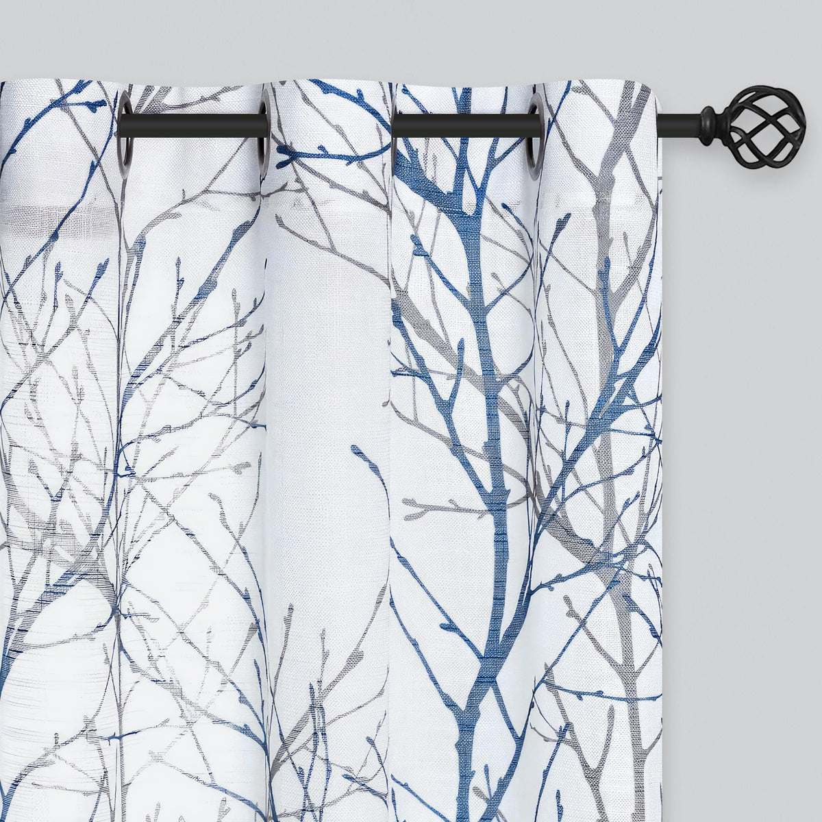 FMFUNCTEX linen semi-sheer curtains with blue-grey branch on white brighten rooms while balancing privacy.
