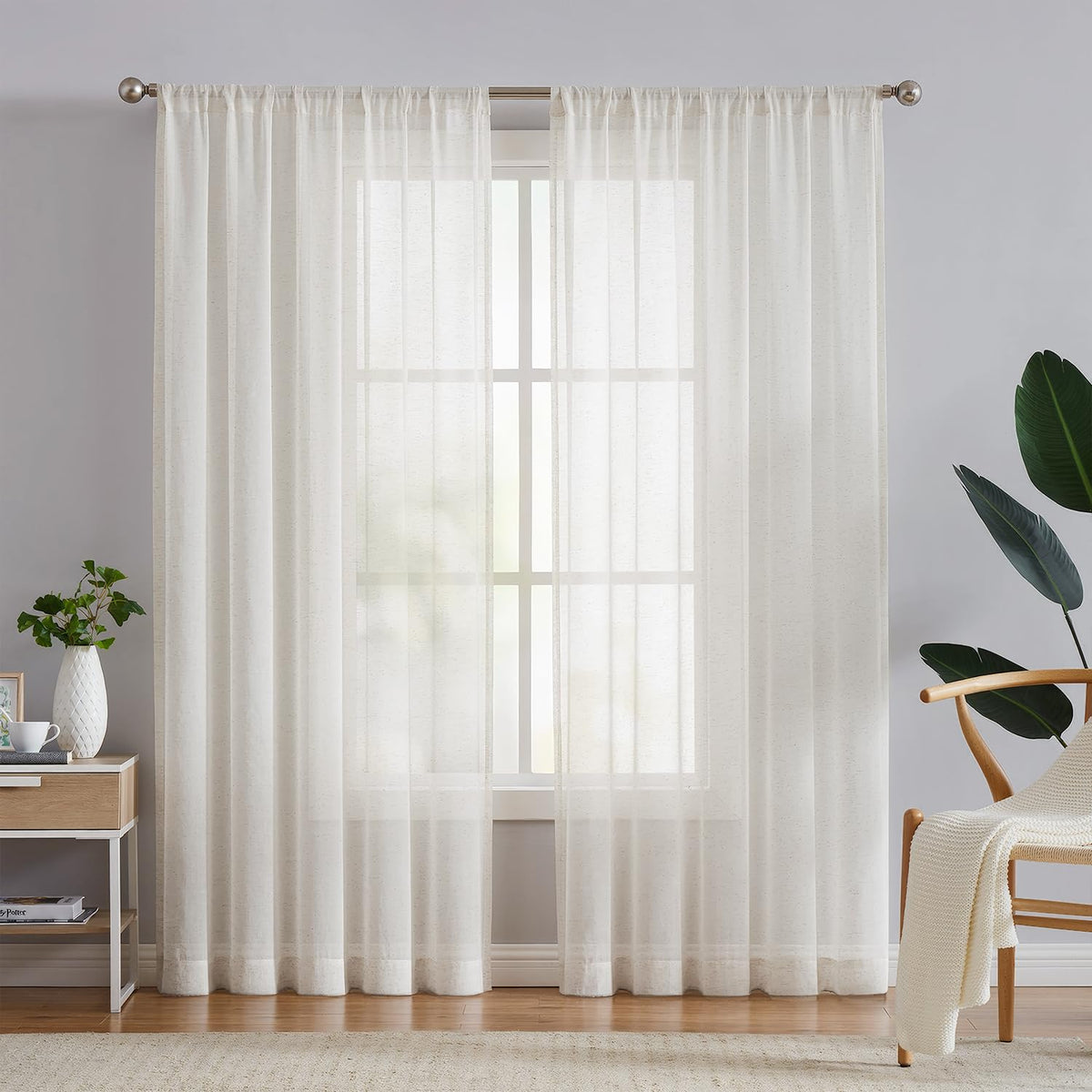 FMFUNCTEX linen sheer curtains frame the living room with soft light and privacy.