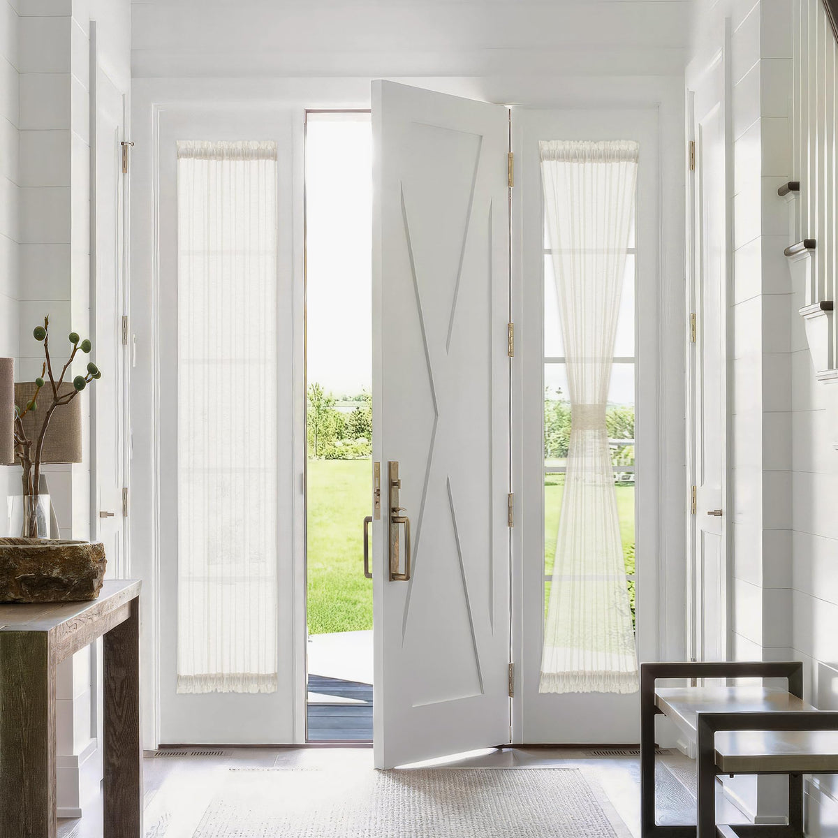 FMFUNCTEX linen sidelight curtains top rod pocket shows easy installation.