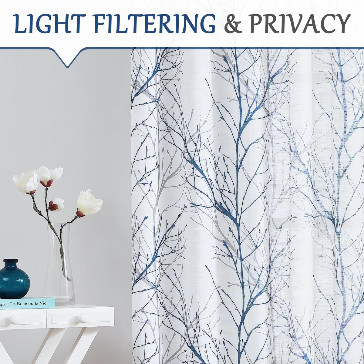 FMFUNCTEX living room setup showing open-weave semi-sheer curtains diffuse daylight.