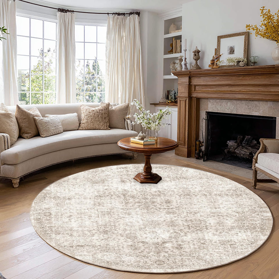 FMFUNCTEX round beige vintage floral rug front view with soft, inviting texture for living rooms