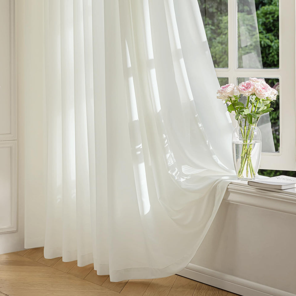FMFUNCTEX sheer beige curtains with rod-pocket, two-panel setup for privacy and light filtering
