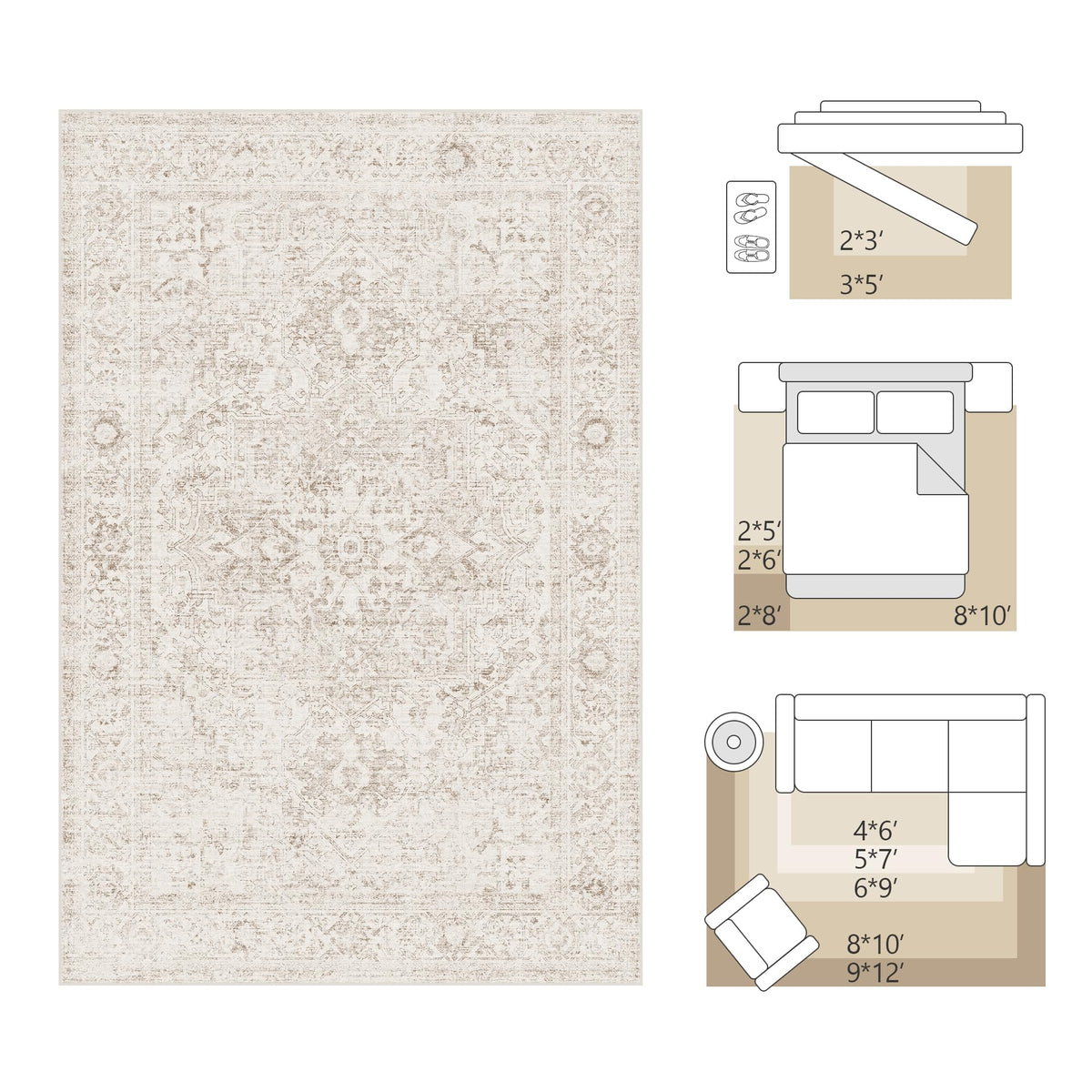 FMFUNCTEX vintage neutral beige rug complements living and entry areas.