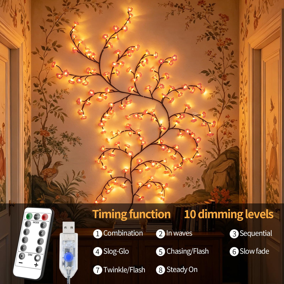 Eight lighting modes on FNHMSL Cherry Enchanted Willow Vine Lights