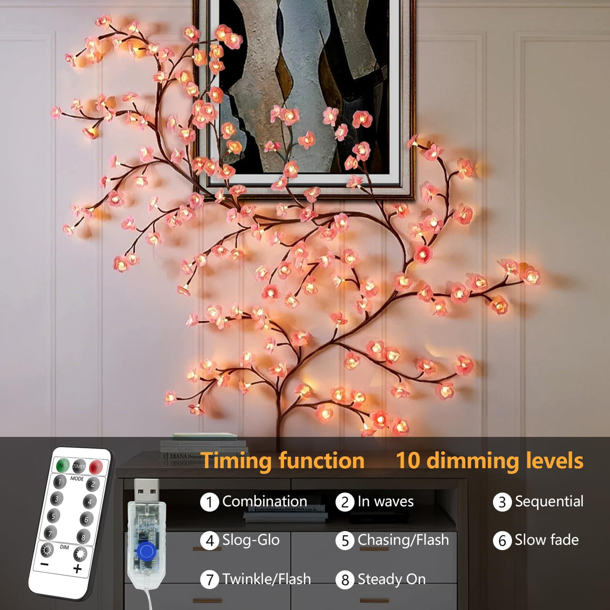 FNHMSL Cherry Enchanted Willow on wall enhances bedroom decor with soft glow