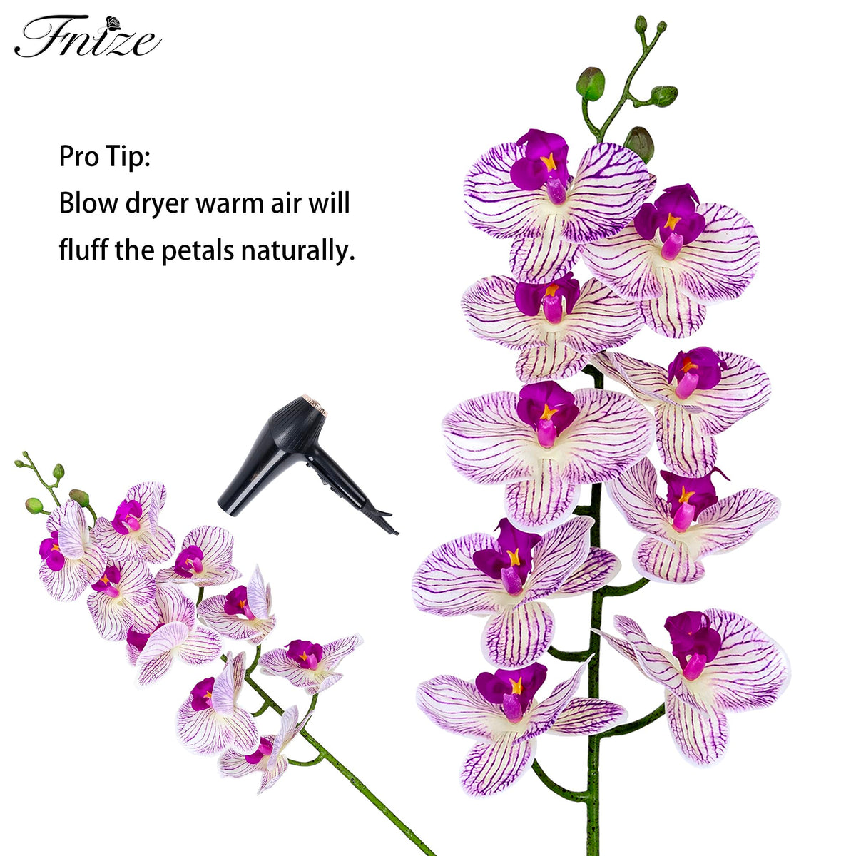 Fnize orchid stems with strong wire inside tolerate bending for custom arrangements.