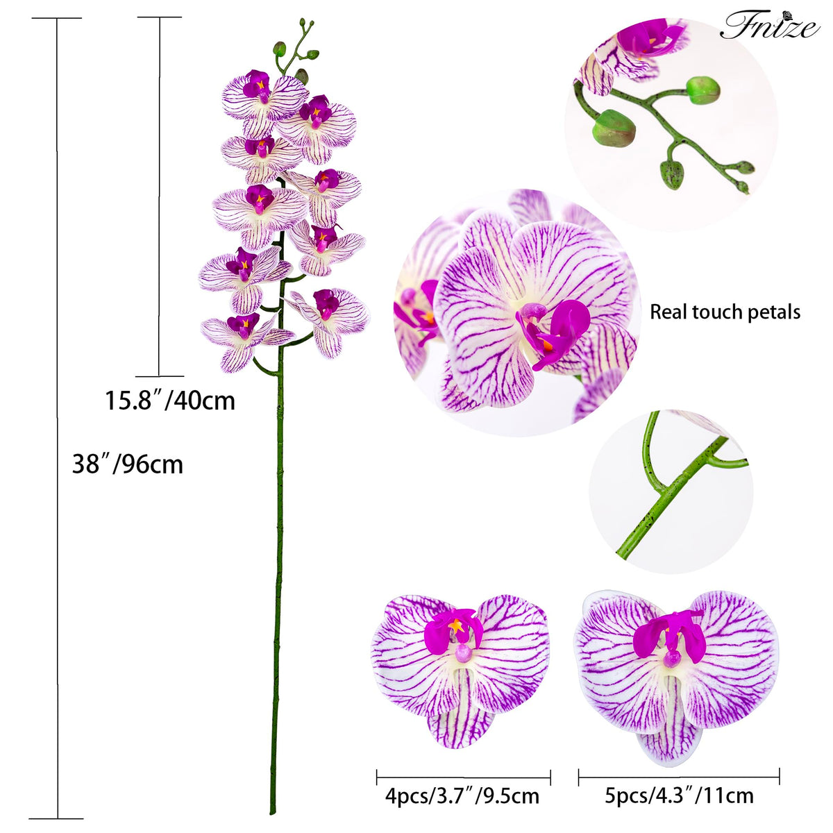 Fnize Phalaenopsis latex petals close-up showing realistic texture and purple stripes.