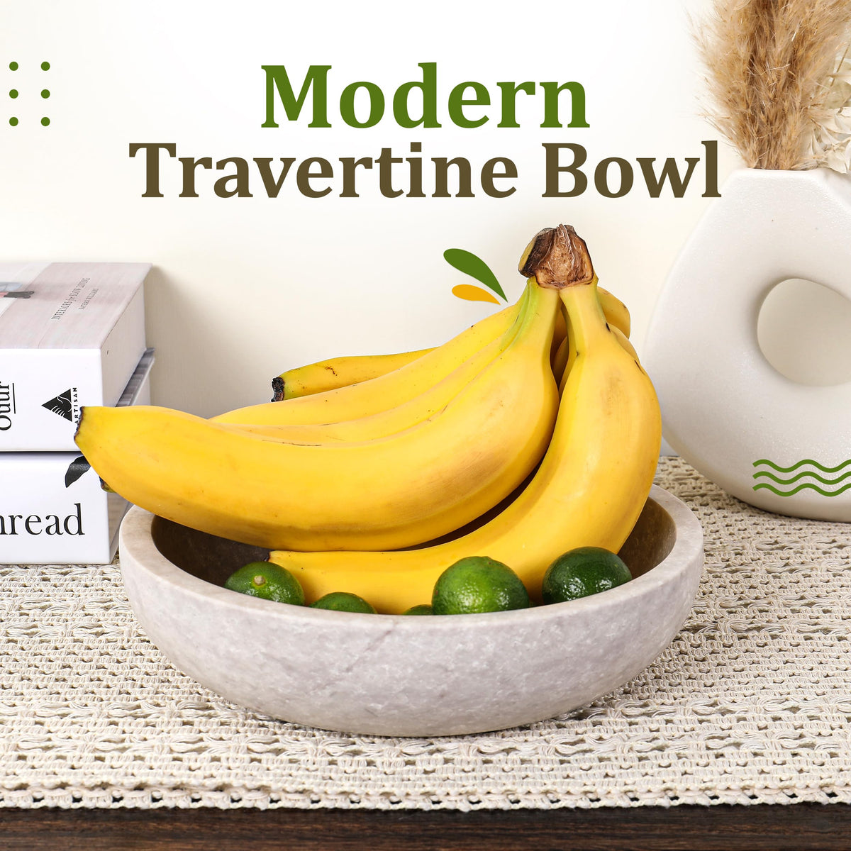 FNTSTICGOODS travertine bowl on an entryway table welcoming guests with texture.
