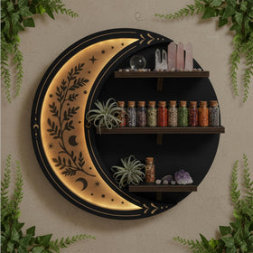 FNYDOX crescent moon wall shelf with LED light highlighting crystals and trinkets.